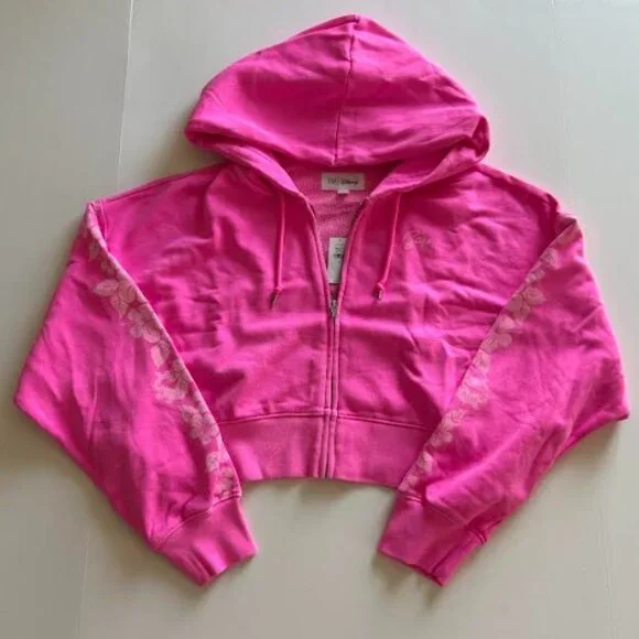 Gap Lilo & Stitch Adult VintageSoft Crop Zip Hoodie Bright Neon Pink S Small - Picture 8 of 9